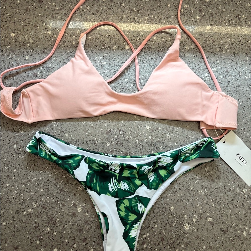 Zaful Blush and Green Leaf Bikini Set